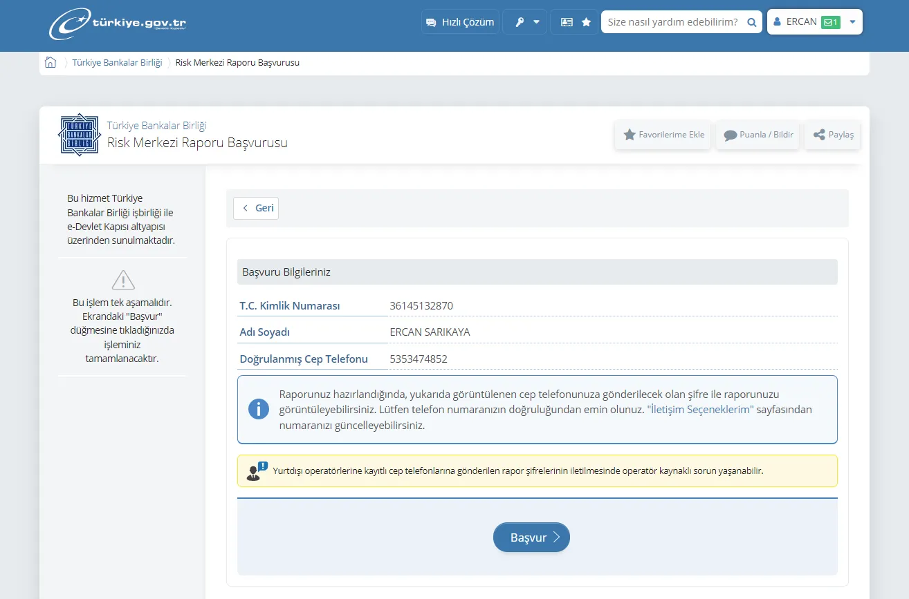 Risk Merkezi Raporu Başvurusu