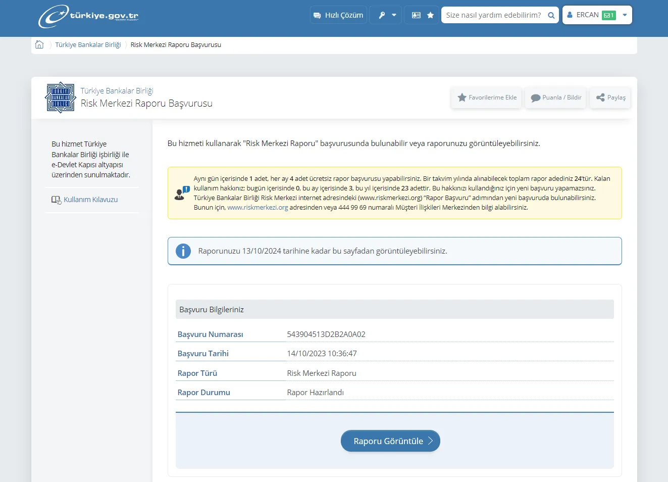 Risk Merkezi Raporu Başvurusu