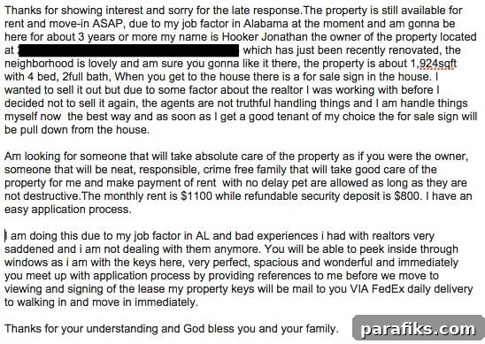Example of Craigslist scam emails combined into one image for illustration.