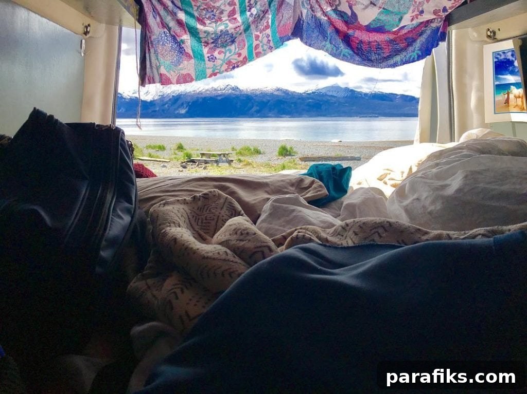 Van life is helping Sarah pay off her debt. Click here to learn more about living in a van and how she built her van dwelling. #vanlife #vandwelling #vanlifehacks #vanlifeDIY #vanlifeideas