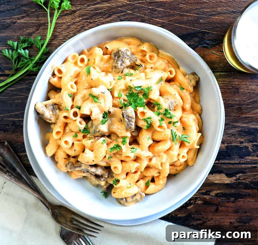 Beer mac and cheese with steak bites