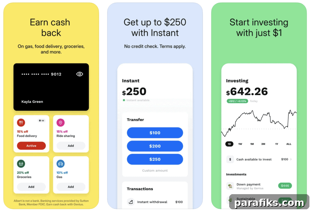 Albert App Review: Smart Budgeting, Saving & Investing Features 3 Albert App Review- screenshot of the different Albert app features, such as cash back, free cash advance, and investing