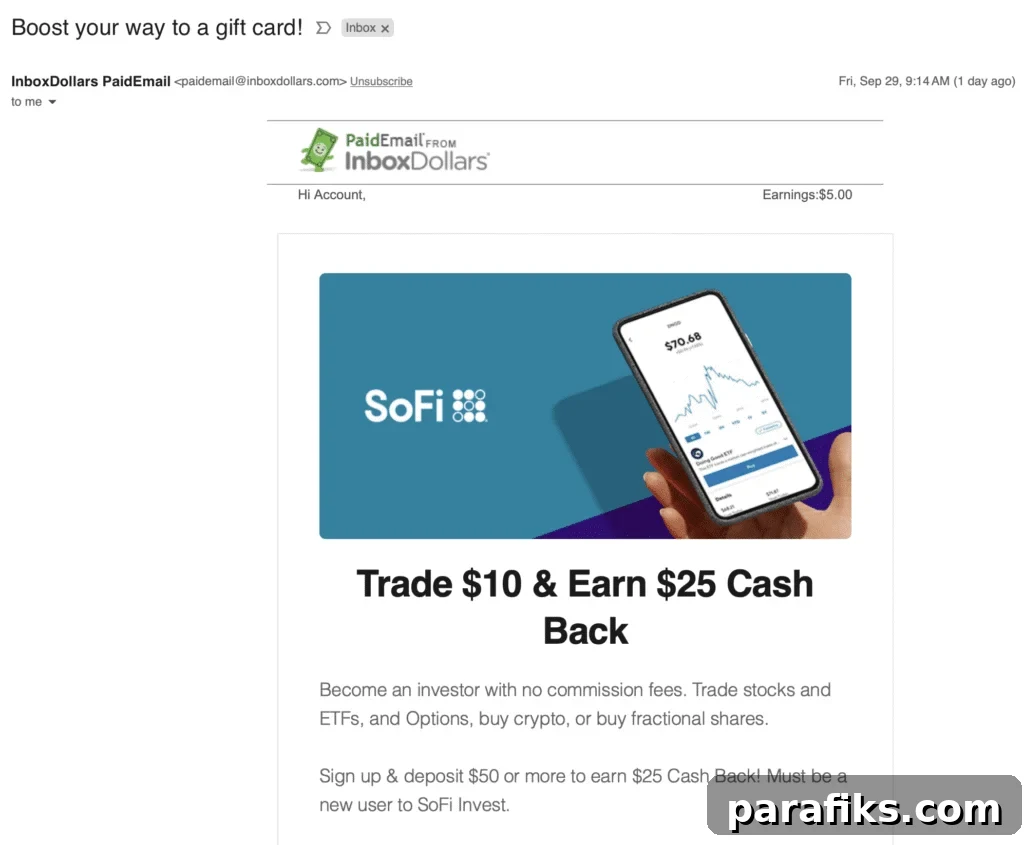 InboxDollars paid email screenshot
