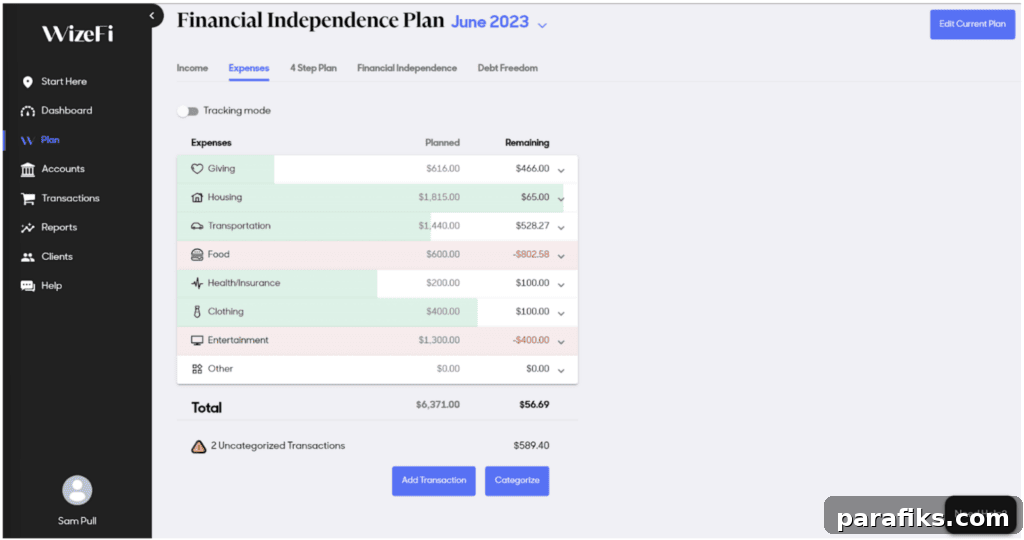 WizeFi expenses analysis screenshot