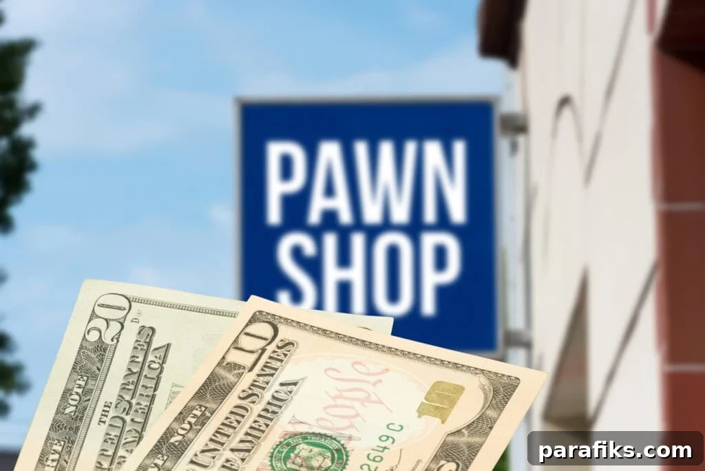 cash money in front of a pawn shop sign. sell gold to pawn shop