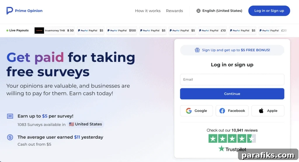 Prime Opinion Review 2026: How Much Can You Earn? 2 screenshot of Prime Opinion's homepage for a prime opinion review