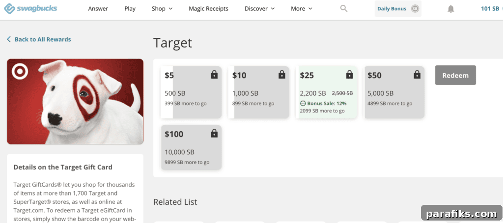 Here's what you'll see on Swagbucks site when redeeming for free Target gift cards.