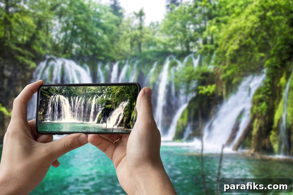 picture of someone holding their phone and taking a picture of a waterfall. How To Make Money as a Travel Photographer