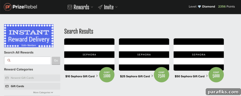 PrizeRebel screenshot showing Sephora gift card options.