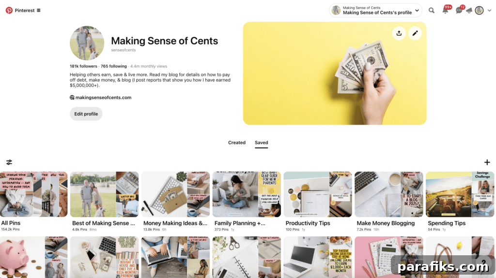 screenshot of Making Sense of Cents Pinterest profile as an example for blog post about how to make money on pinterest with a blog