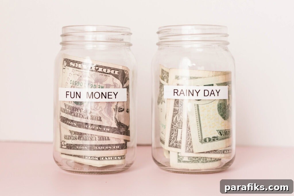 money in jars that say "fun money" and "rainy day". No spend challenge ideas