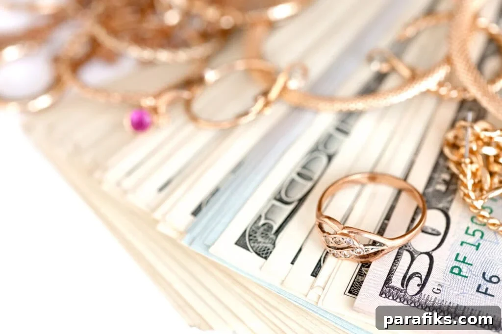 Many gold jewelry rings, earrings and necklaces with big amount of US dollar bills on white background. How To Sell Gold (Step-By-Step Guide)