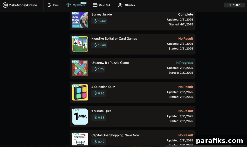 MakeMoneyOnline Review: Can You Actually Earn Extra Income? 4 Here is a screenshot of my account to show you some of the tasks I tried on the MakeMoneyOnline site.