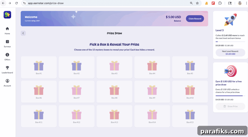EarnStar Review: Can You Make Real Money from Surveys & Games? 4 After reaching $5, you unlock a fun mystery box prize draw that gives you bonus rewards like cash boosts.