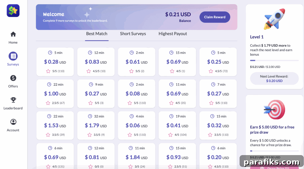 EarnStar Review: Can You Make Real Money from Surveys & Games? 6 Each survey on EarnStar displays the payout, time estimate, and star rating to help you choose the best options as you can see here.