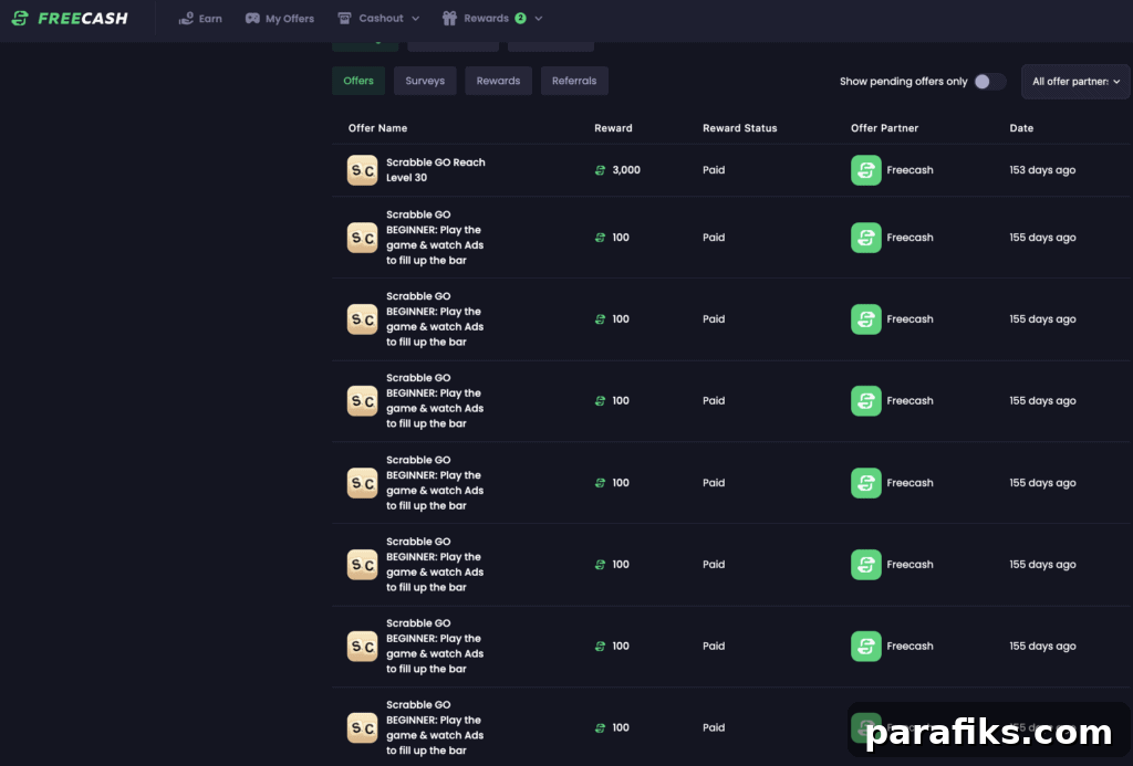 screenshot of Freecash earnings