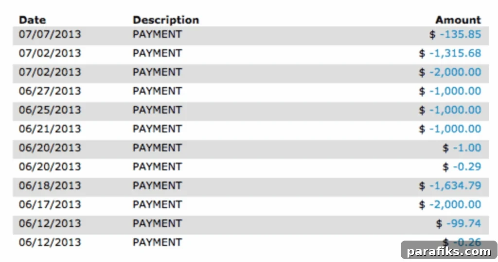 Here's a screenshot I took back when I was paying off my student loans. As soon as I received income, I would put it towards my debt so that I would not miss it. I was also working a lot - many weeks were around 100 hours of working between my day job and all of my side hustles. Also, the smaller amounts like $1.00 or $0.29 were from what was leftover after a debt was paid off (but I still owed interest for that day).