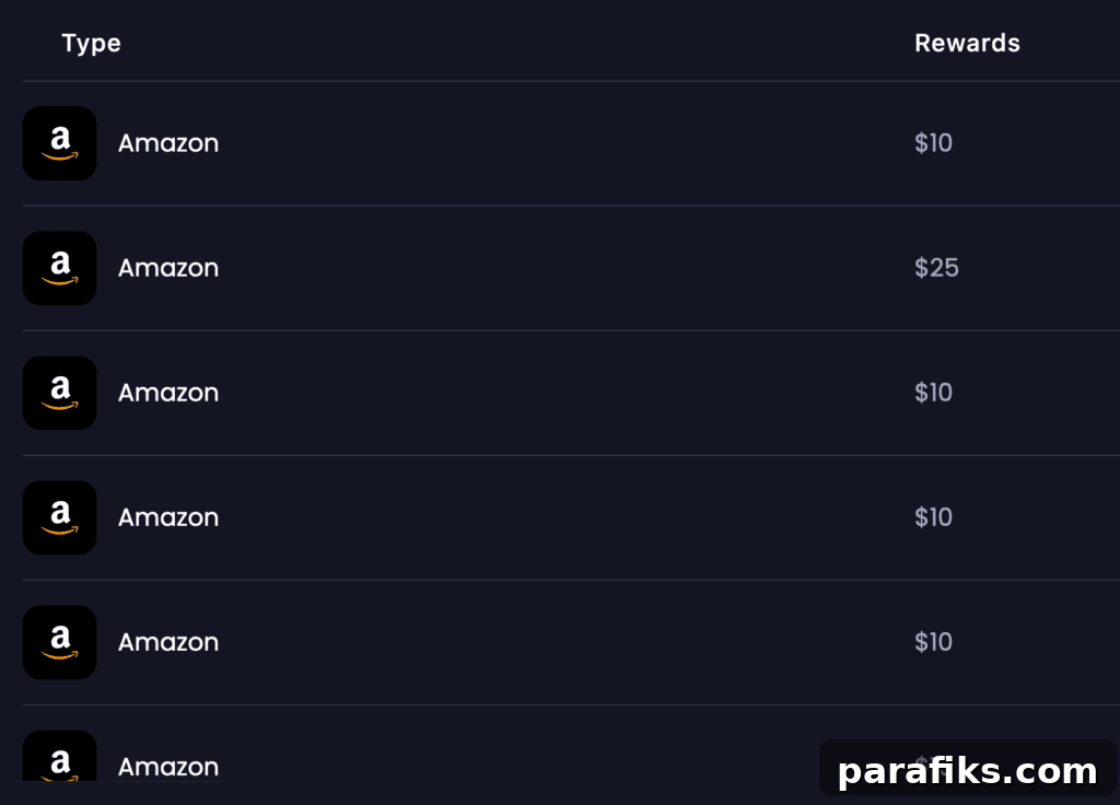 Screenshot of earned gift cards