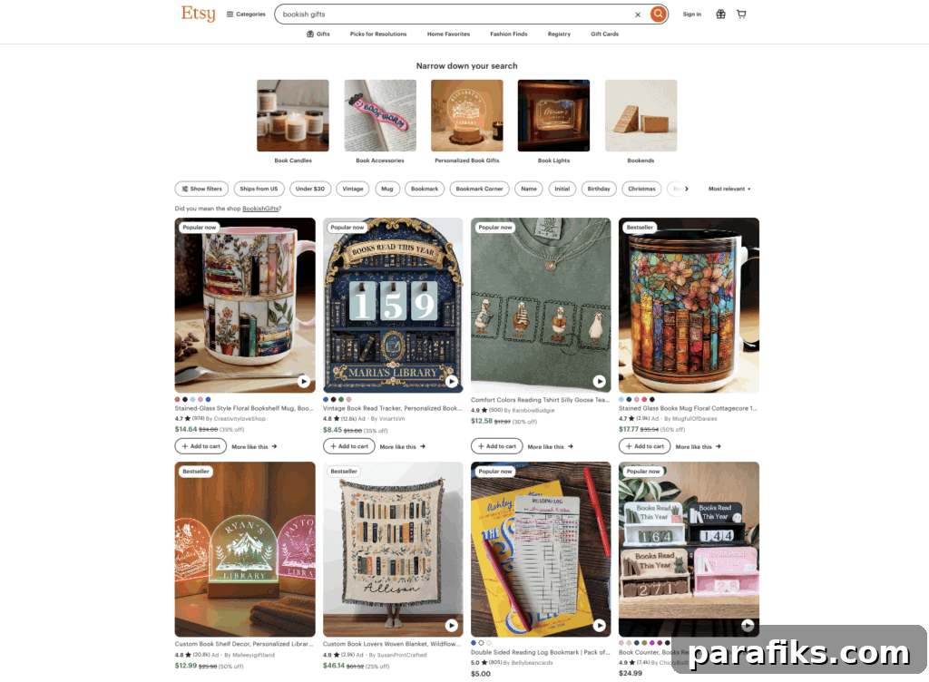 17 Lucrative Side Gigs for Avid Book Lovers 2 Example of bookish merchandise available on Etsy (search results page)