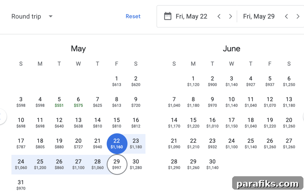 Example search on Google Flights showing travel dates from Las Vegas to Paris.