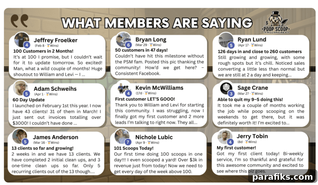 Here's a screenshot of what members in the Poop Scoop Millionaire community have said.