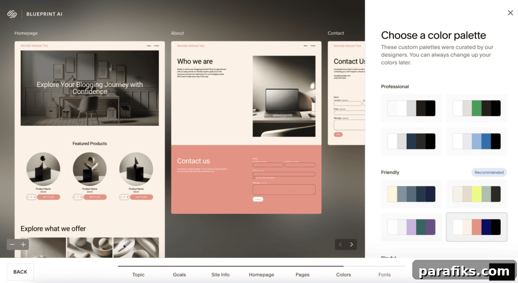 How Squarespace Blueprint AI Helps You Start Building Your Site 2 I made this in seconds with Squarespace Blueprint AI — I just answered a few quick questions, picked a color palette, and it gave me a polished starting website right away. If you’ve been putting off starting a site because it feels overwhelming, this is the kind of tool that makes it feel doable fast.