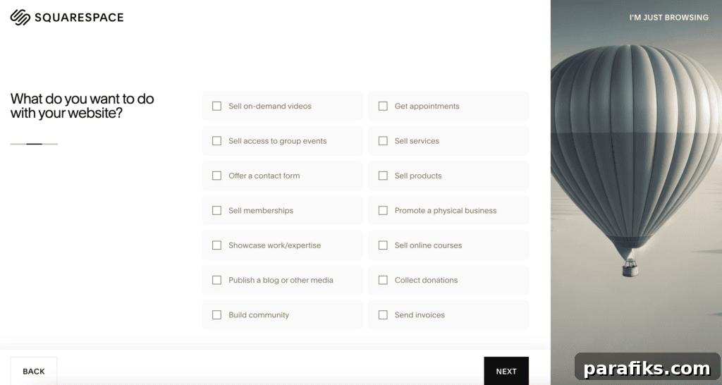 How Squarespace Blueprint AI Helps You Start Building Your Site 3 Squarespace Blueprint AI asks you questions like the above to get you started.