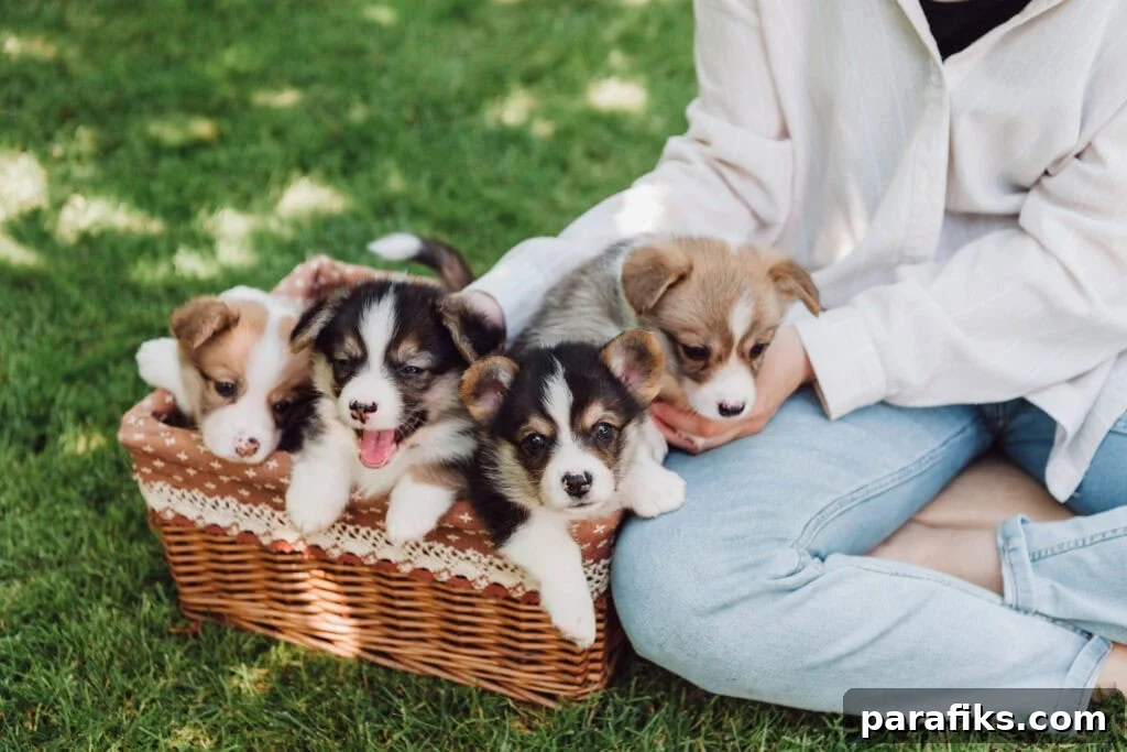 person with a basket of puppies