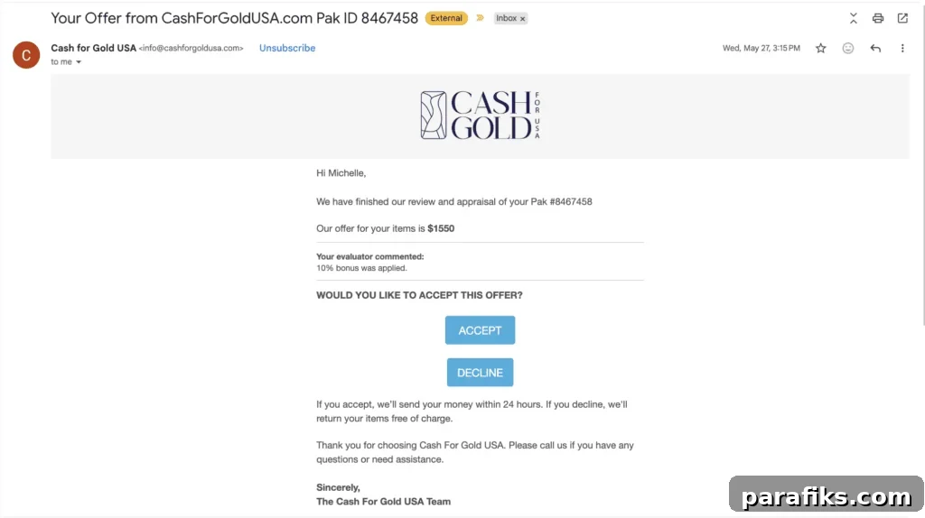 This is my offer email from Cash For Gold USA.