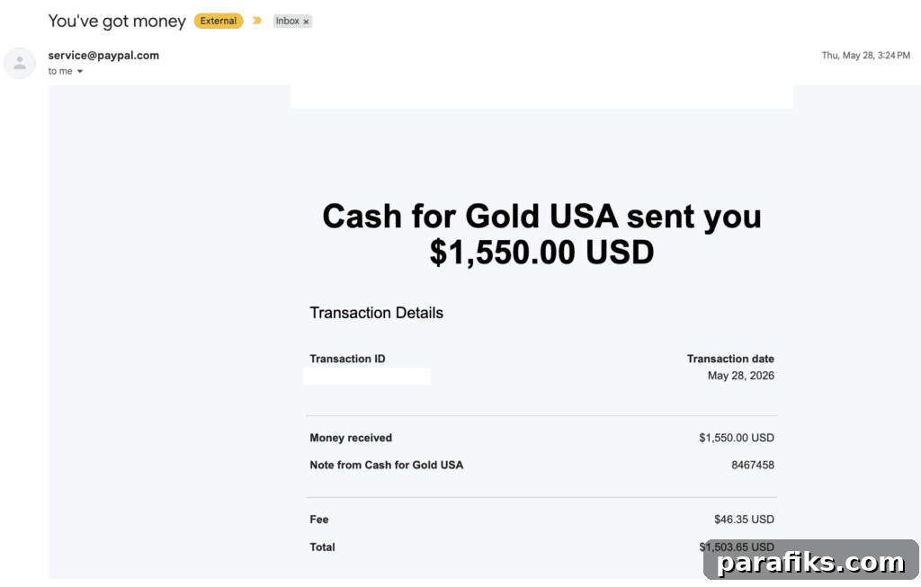 Here's my PayPal payment from Cash For Gold USA.