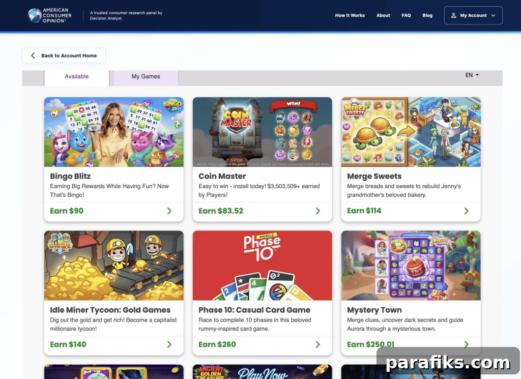 Example of games you can play on American Consumer Opinion and earn money with